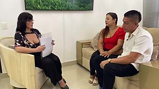 Amateur couple milf shares cum blowjob in psychological therapy threesome