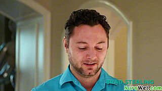 Busty teen masseuse showers client for slippery nuru massage prep with Brad Sterling