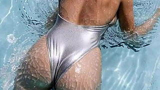 hey cougar in leather boots gloves bikini teaches teen poolside outdoor clothed sex lesson