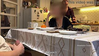 my husband's jerking off under table with my stepmom watching