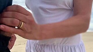 busty stranger milf strokes my monster cock to cumshot in public crowd pov