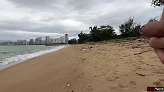 beach hottie in bra flashes huge cock handjob pov then lets stranger cum all over her perfect tits public outdoor