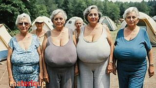 The plump vintage granny flaunts her huge saggy natural tits in retro style