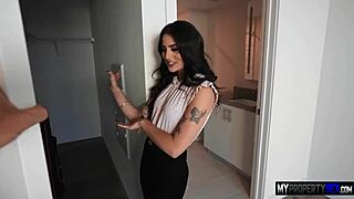 sofie reyez bends over with narrow ass exposed trying to stay professional during interracial pounding