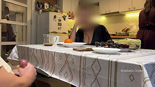 my husband's jerking off under table with my stepmom watching