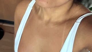 housewife flashes big pussy cameltoe in sexy bikini during morning poolside aerobics