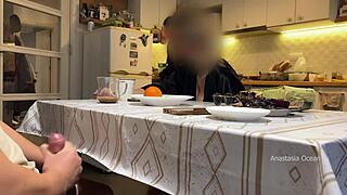 my husband's jerking off under table with my stepmom watching