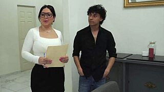 Curvy Latina Pam rides big cock cowgirl in nerdy glasses real estate romp