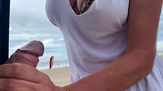 busty stranger milf strokes my monster cock to cumshot in public crowd pov