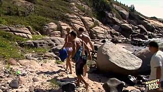 three random guys destroy blonde bitch's holes extremely hard on beach