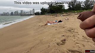 beach hottie in bra flashes huge cock handjob pov then lets stranger cum all over her perfect tits public outdoor