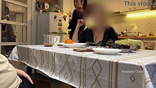 my husband's jerking off under table with my stepmom watching