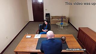 Principal sneaks taste of teacher's juicy pussy at office desk