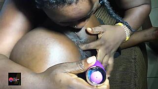 Ebonies lick girlfriend's pussy close-up with toys for squirt