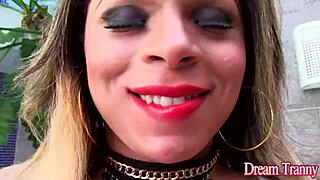 Tranny Thayla Santos Pounds Dildo Deep While Jerks Massive Cock Frantically