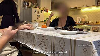 my husband's jerking off under table with my stepmom watching