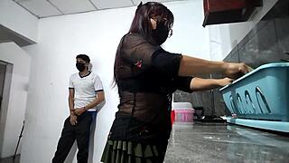 neighbor spies on curvy latina cutie as she rubs her fat ass kinkily