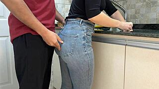 Maid's jeans ass catches free use cum