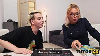 russian blonde tutor sips cum coffee before mmf mouth stuffing with stockings.