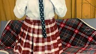 Busty teacher straps on dildo for secret femdom domination in heels