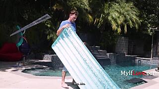 Step-mom sneaks stepson's throbbing cock for deepthroat suck on memorial day poolside!