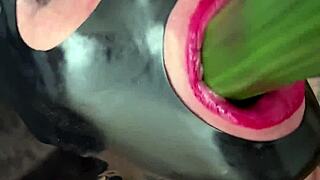 Skinny Shaved Fuck-Doll Vilja's Latex Ass Workout with Buttplug, Gag Deepthroat, and Sloppy Facial Bath