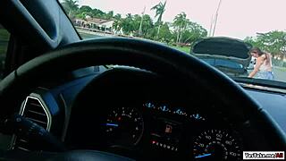 Naughty brunette jessie bares dripping pussy to stranger outdoors