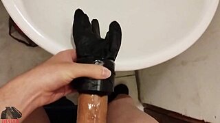 skinny babe rams homemade fleshlight on huge cock at work for explosive solo masturbation