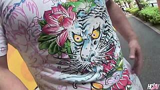 Naughty sarina tsubaki kneels outdoors sucking hard cock publicly