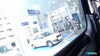 asian babe in heels grabs her big clit toy for van orgasm ride