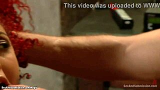 Redhead ebony babe bound tight and roughly fucked hard