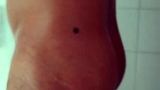 Big dick guy spreads legs in bathroom SHAVES his monster cock smooth and sexy