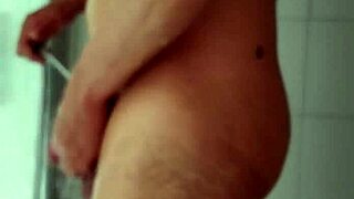 Big dick guy spreads legs in bathroom SHAVES his monster cock smooth and sexy