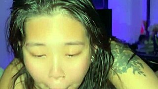 Thick Asian beauty slurps huge cock then rides sloppy in every position massive creampie finish