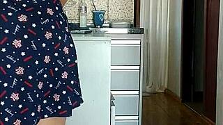 caught my stepmom in see-through dress flashing huge tits legs kitchen morning!