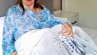 early holiday morning, busty mature mommy in stockings teases and strips for taboo fun