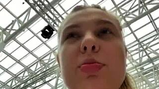 Public pounding her shaved pussy up close outdoors!