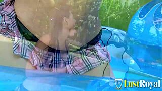 Super curvy babe bent over poolside, monster cock drills her shaved pussy deep!