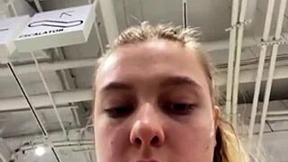 Public pounding her shaved pussy up close outdoors!