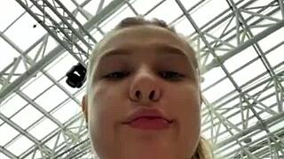 Public pounding her shaved pussy up close outdoors!