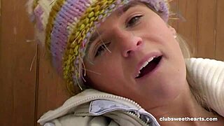 hey look at this naked babe fingering her shaved pussy with dildos outdoors in the snow... remastered retro style with small tits and tight body