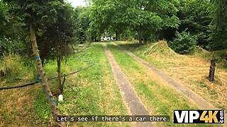 babe's pierced nipples and tattoos gleam as she seduces big cock deep in forest