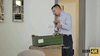 brunette neighbor rims tattooed european stud's big cock close-up