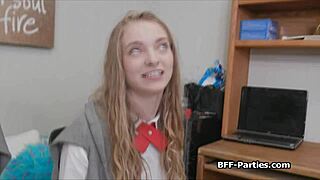 dorm foursome party has coed teens in uniforms giving hardcore group blowjobs