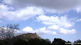 Bound natural huge tits slave gets rough anal fucked outdoors in painful submission