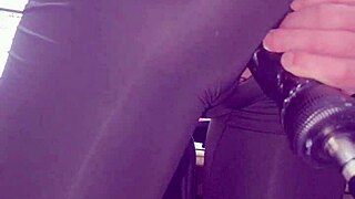 Crossdresser in short leggings takes machine anal cumshot