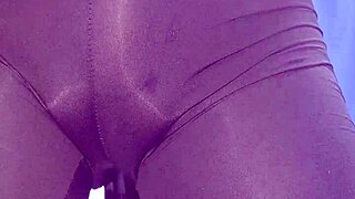 Crossdresser in short leggings takes machine anal cumshot