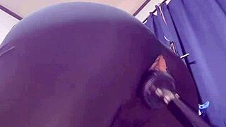 Crossdresser in short leggings takes machine anal cumshot
