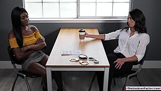 TheLesbianFactor Ebony MILF Licks Busty Young PUSSY in Interracial Tribbing Kiss