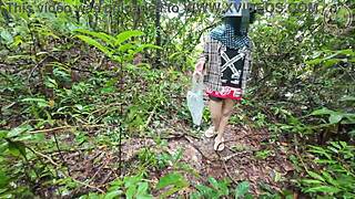 Does Thai babe suddenly pee picking mushrooms in forest?